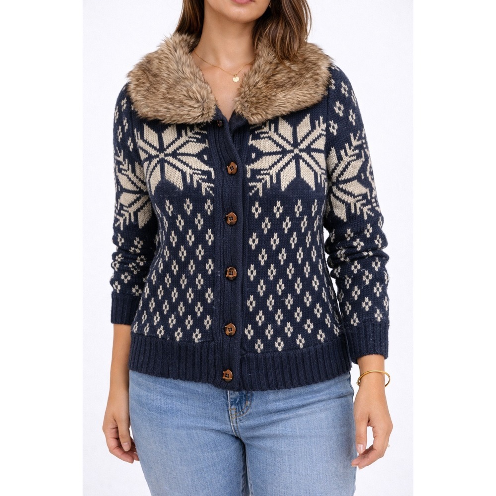 ASOBIO Cardigan Sweater  Small Navy Blue Nordic Faux‎ Fur Collar Sherpa Lined
